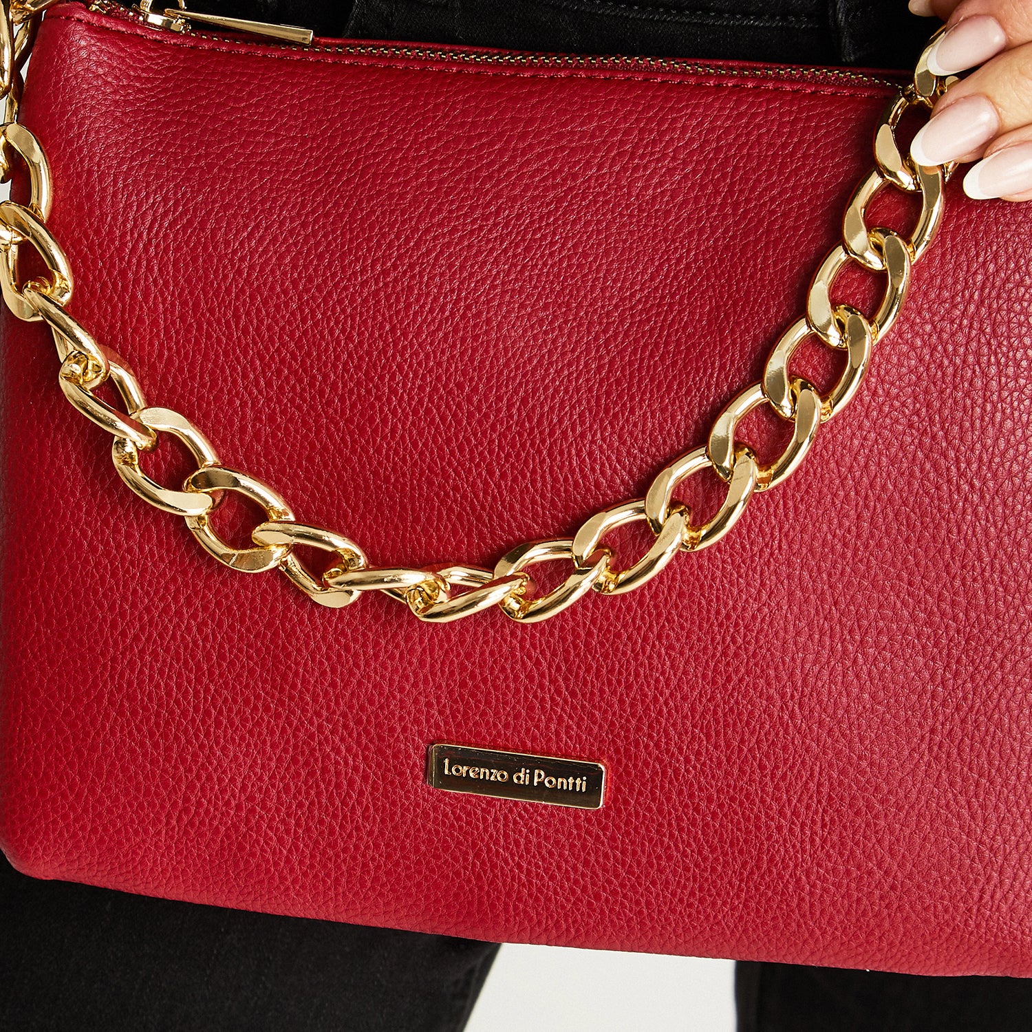 Cartera Triple Con Strap De Pu Y Cadena Rojo Lorenzo Di Pontti