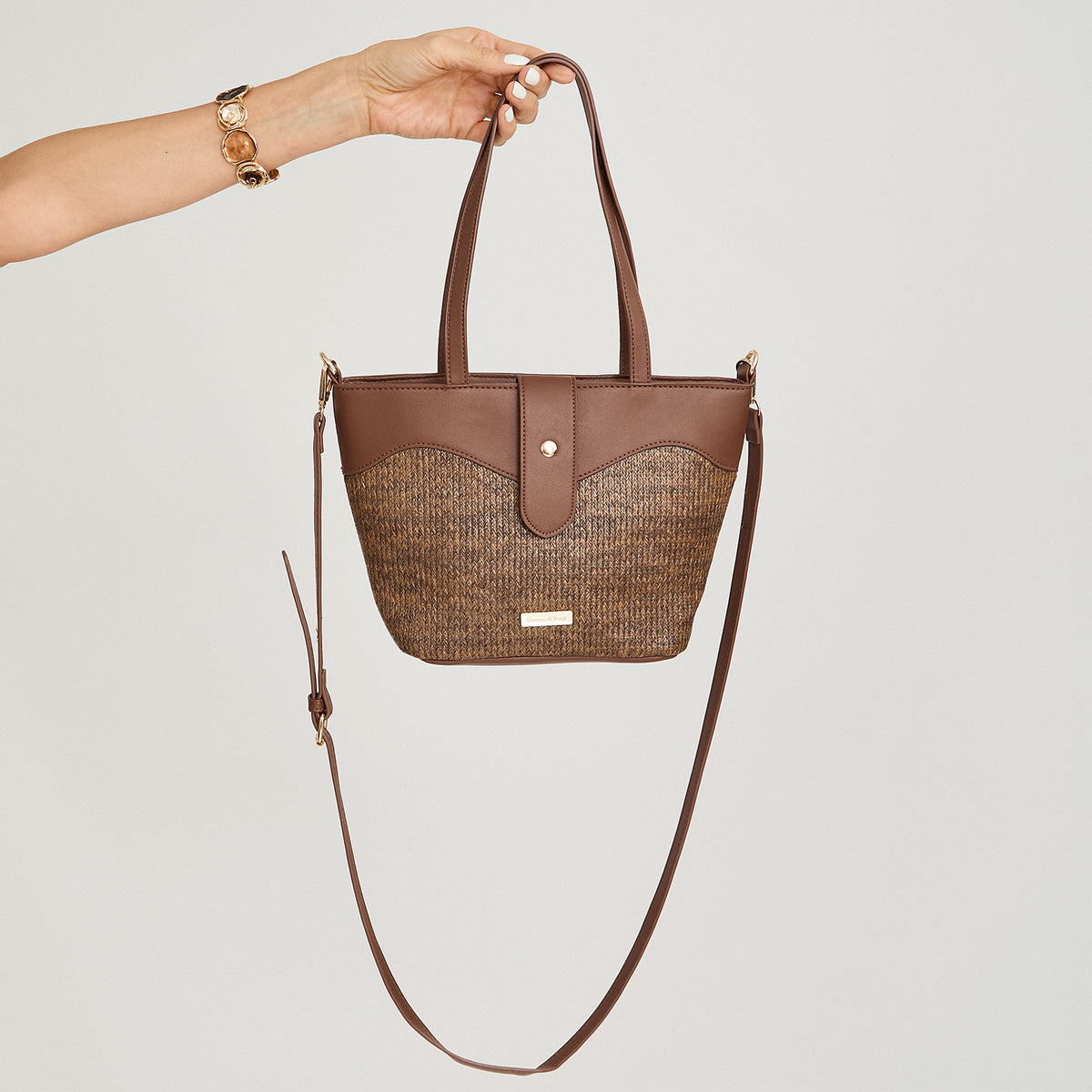 Cartera de Raffia con Pu Contraste Café