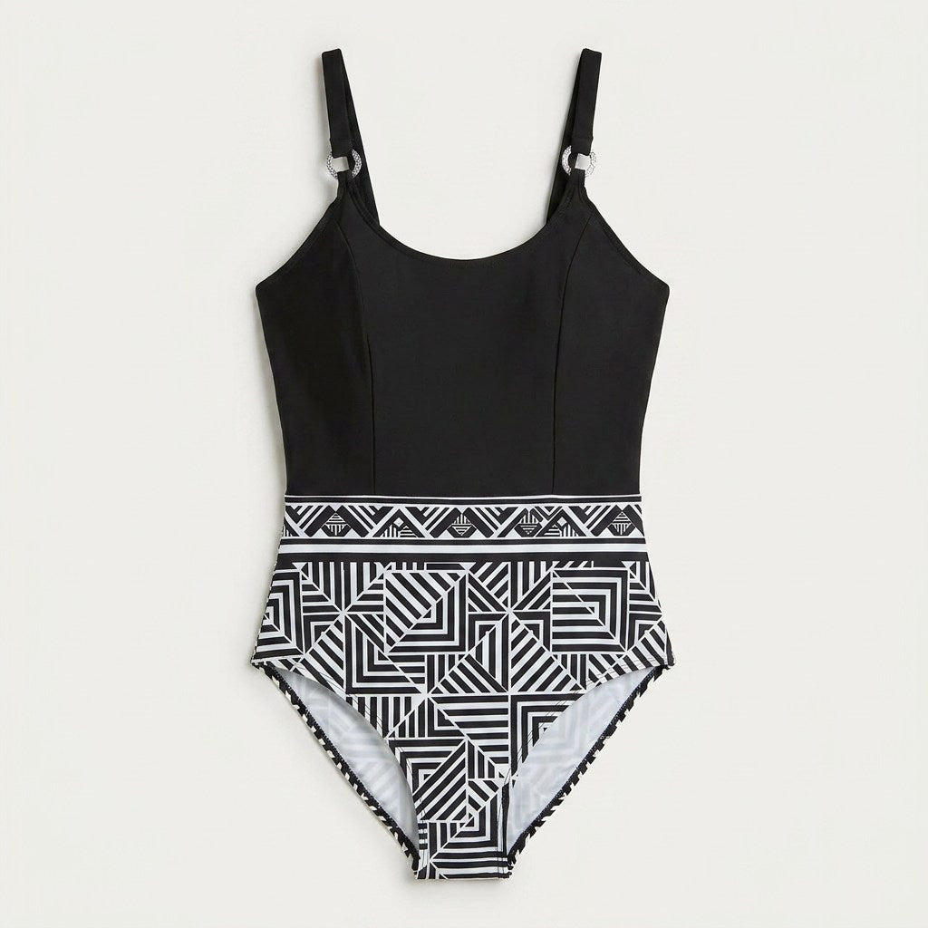 Traje De Baño 1 Pieza Con Print En Parte Inferior Negro en plano