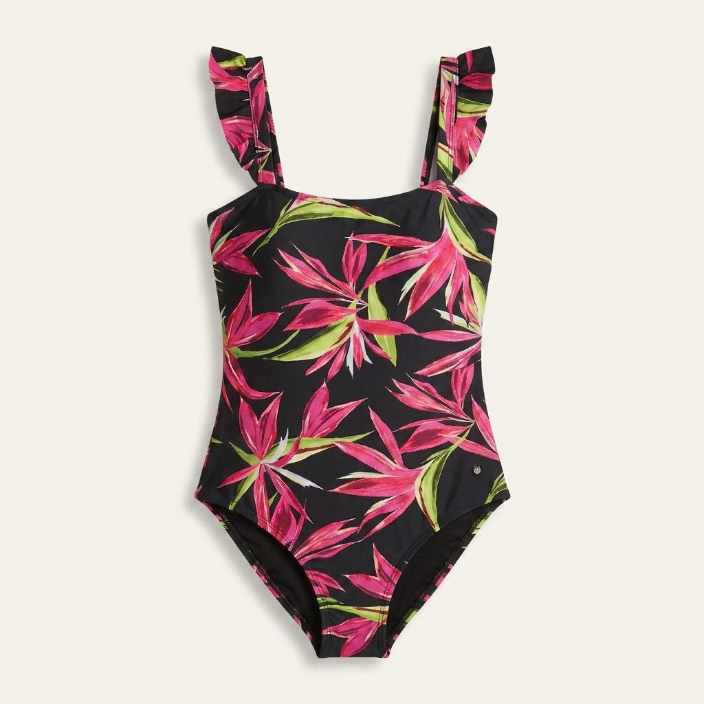Traje De Baño 1 Pieza Estampado Tropical Negro en plano