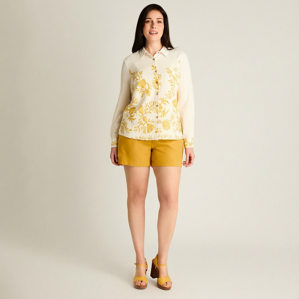 Blusa Lino Manga Larga con Estampado y Cuello Camisero