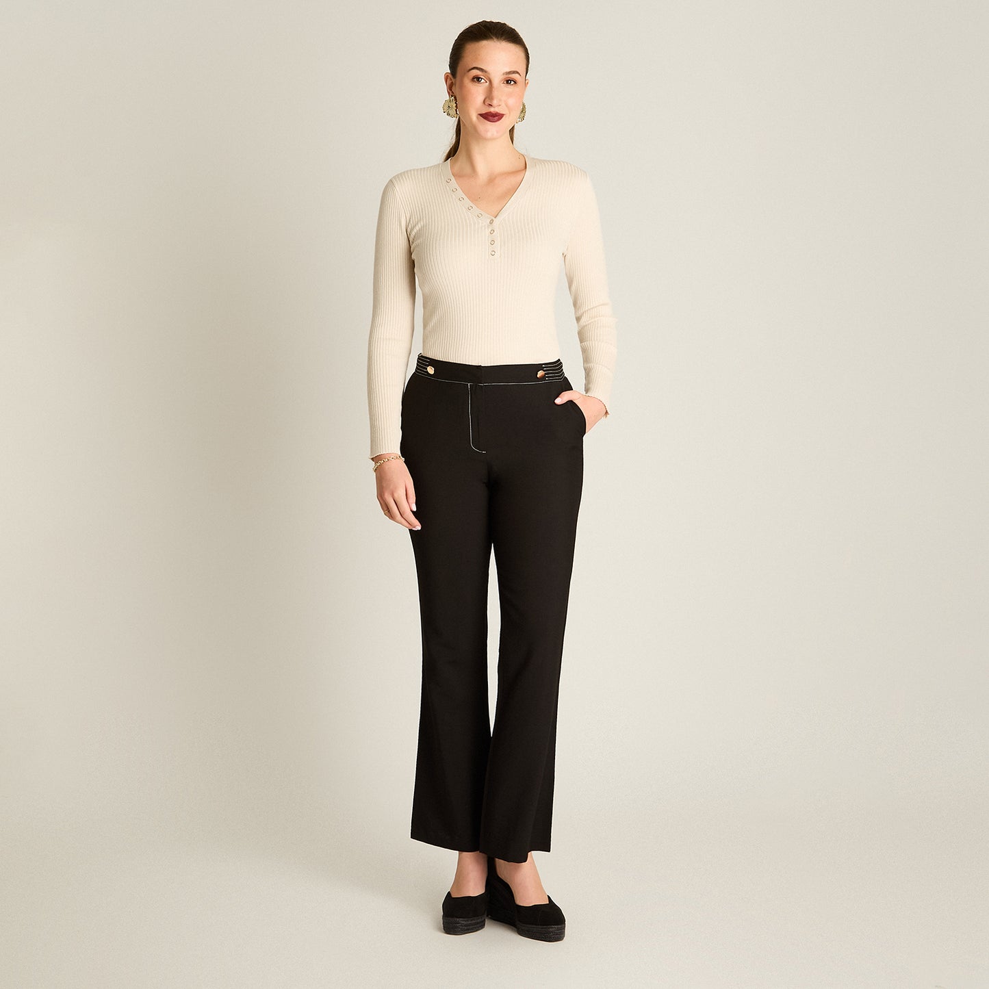 Pantalon Formal Negro Elasticidad Nula Sin Forro Calce Normal Tela Plano