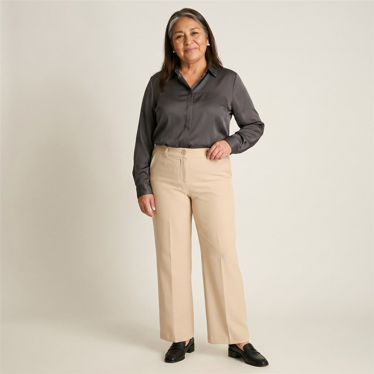 Pantalón Palazzo Beige Formal de Un Botón en modelo adulta