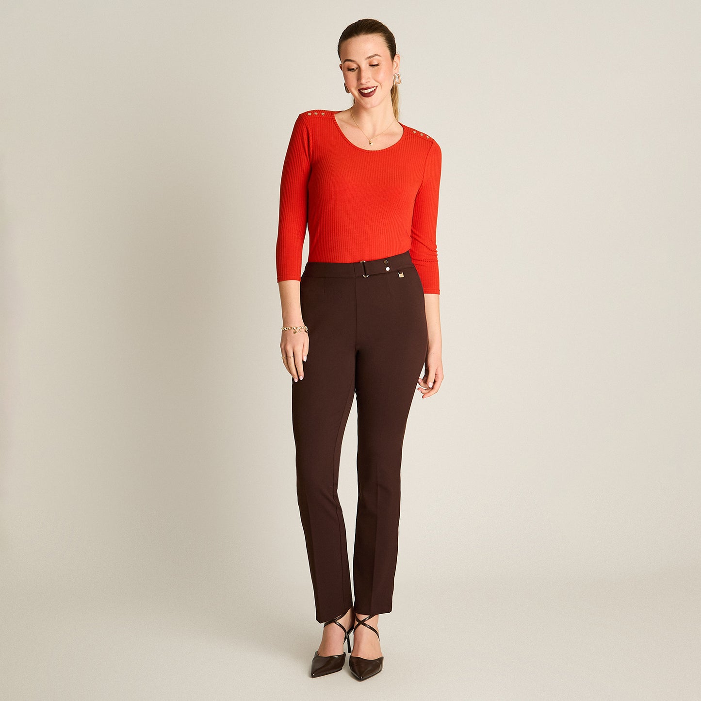 Pantalon Formal Cafe Elasticidad Nula Sin Forro Calce Normal Tela Plano