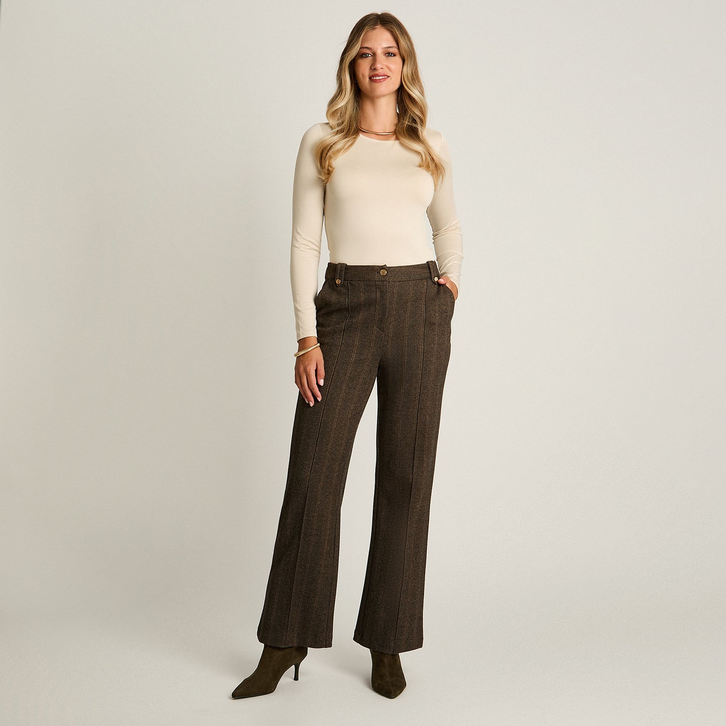 Pantalon Formal Cafe Elasticidad Media Sin Forro Calce Normal Tela Punto