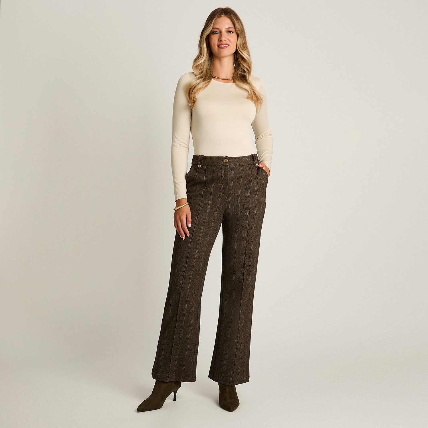 Pantalon Formal Cafe Elasticidad Media Sin Forro Calce Normal Tela Punto
