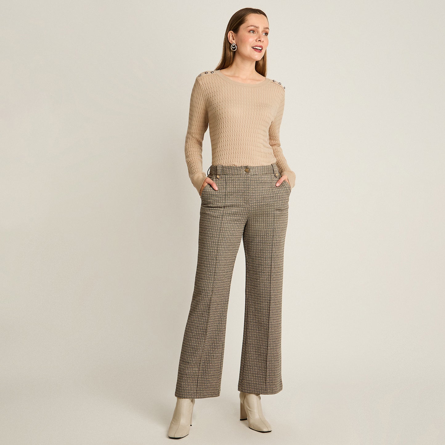 Pantalon Formal Beige Elasticidad Media Sin Forro Calce Normal Tela Punto