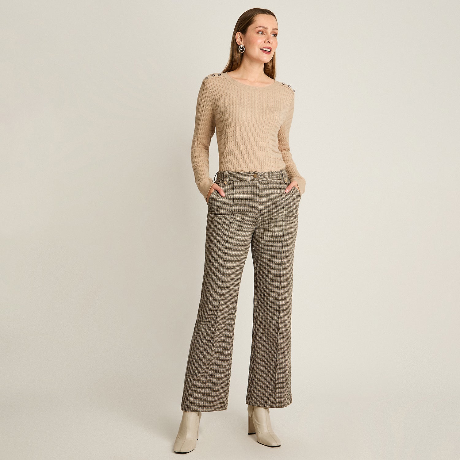Pantalon Formal Beige Elasticidad Media Sin Forro Calce Normal Tela Punto