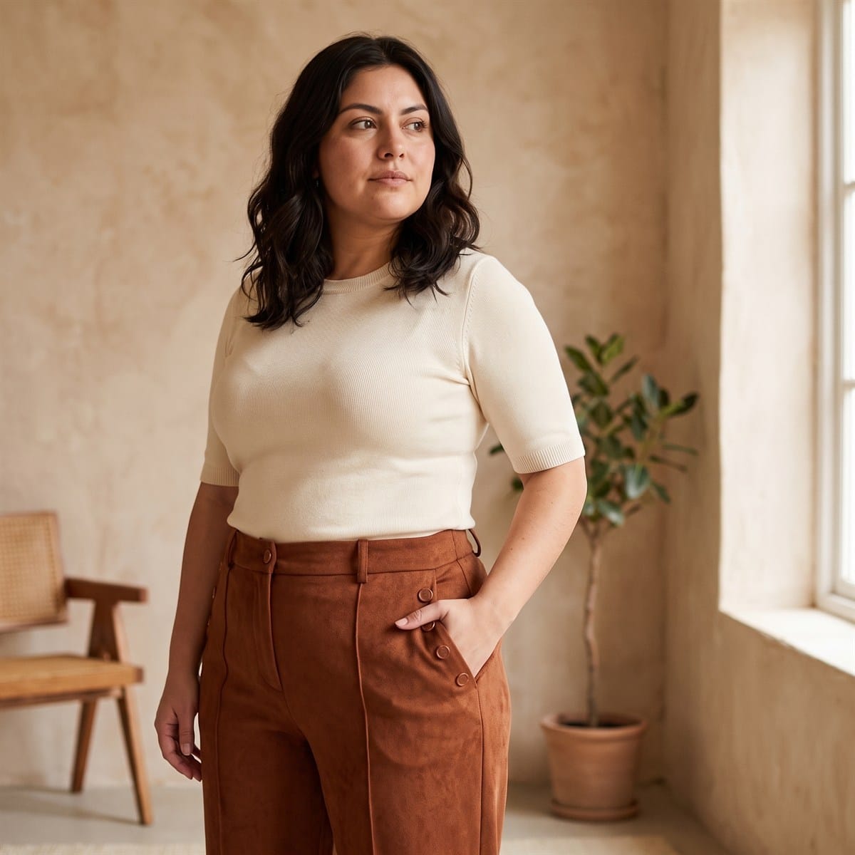 Pantalón De Suede Terracota Wide Leg Con Botones Laterales lifestyle