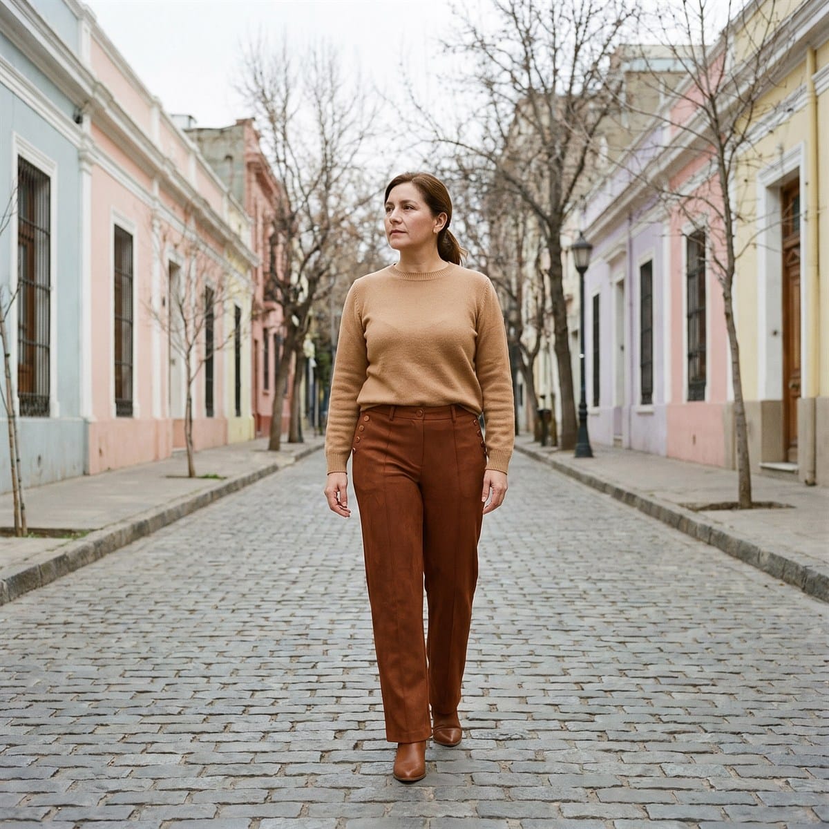 Pantalón De Suede Terracota Wide Leg Con Botones Laterales lifestyle