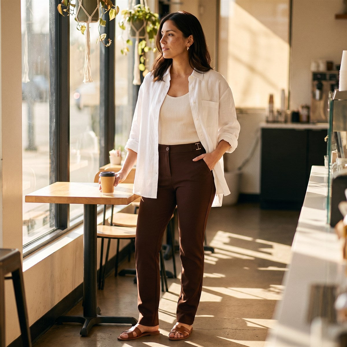 Pantalón Formal Recta un Botón con Aplicación en Pretina Café lifestyle