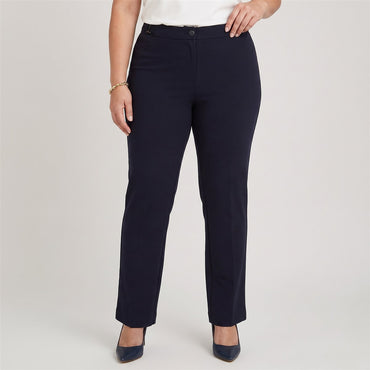 Pantalón Formal Recta un Botón con Aplicación en Pretina Azul en modelo plus size