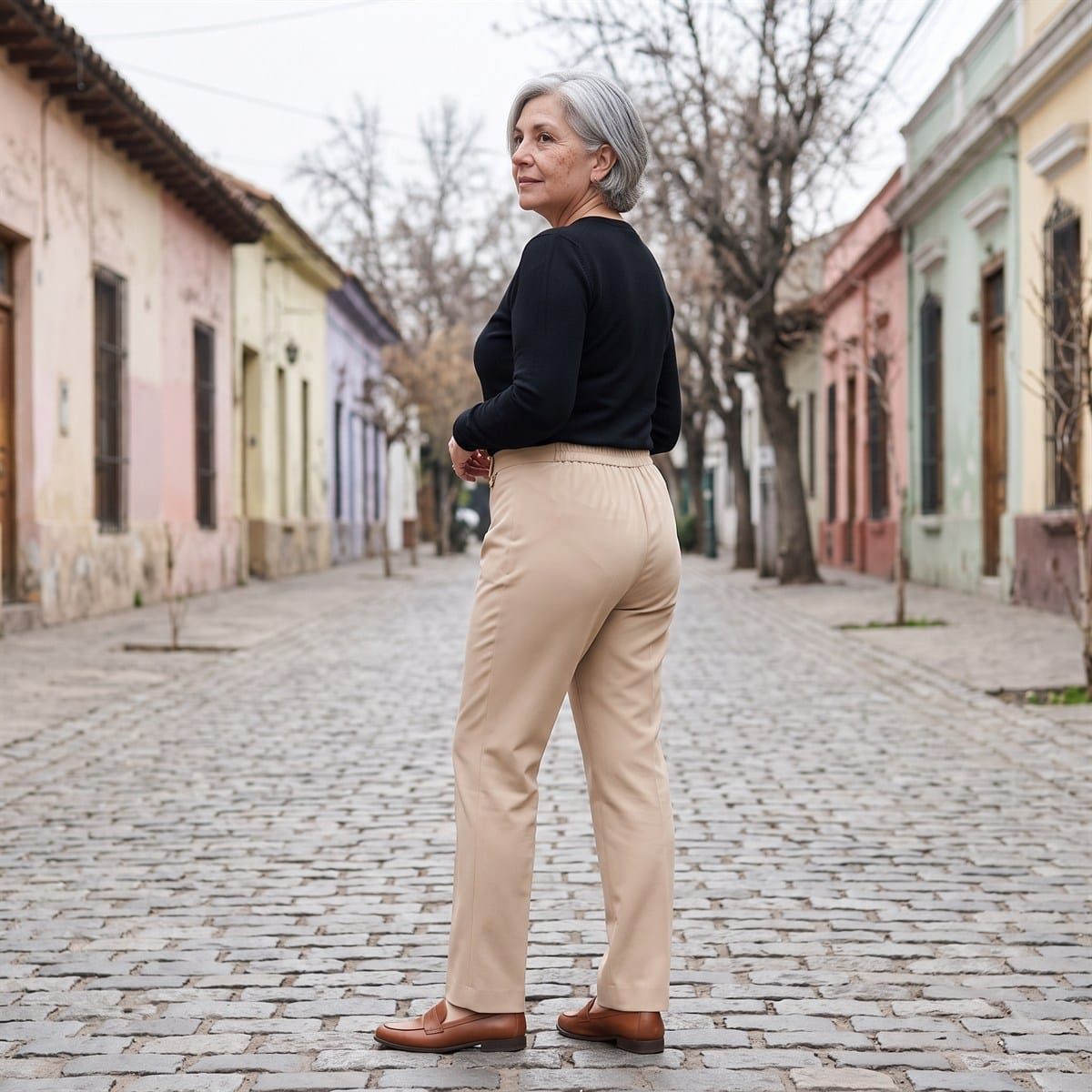 Pantalón Formal Recto Pretina Elasticada Beige lifestyle