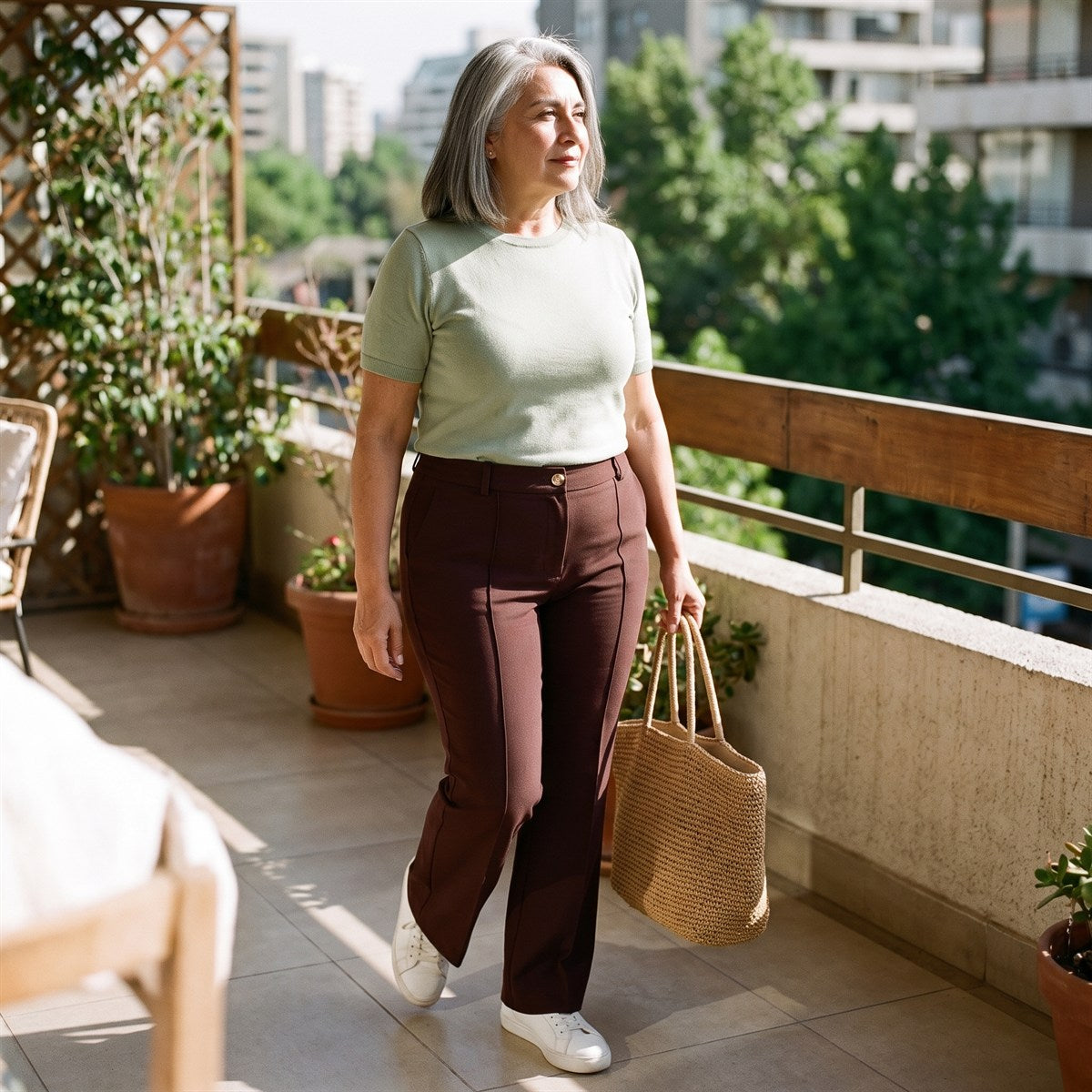 Pantalón Formal Flare con un Botón Café lifestyle