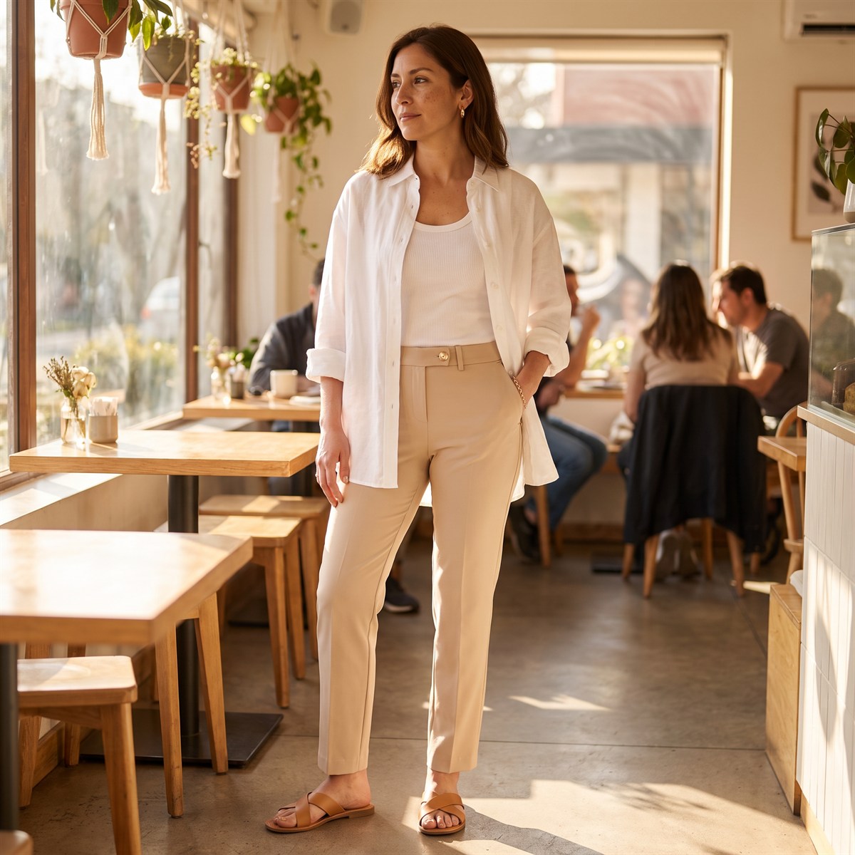 Pantalón Formal Slim un Botón Beige lifestyle