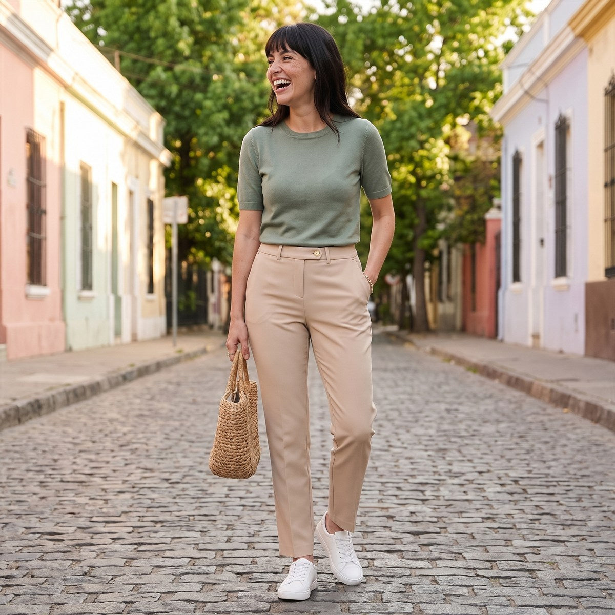Pantalón Formal Slim un Botón Beige lifestyle