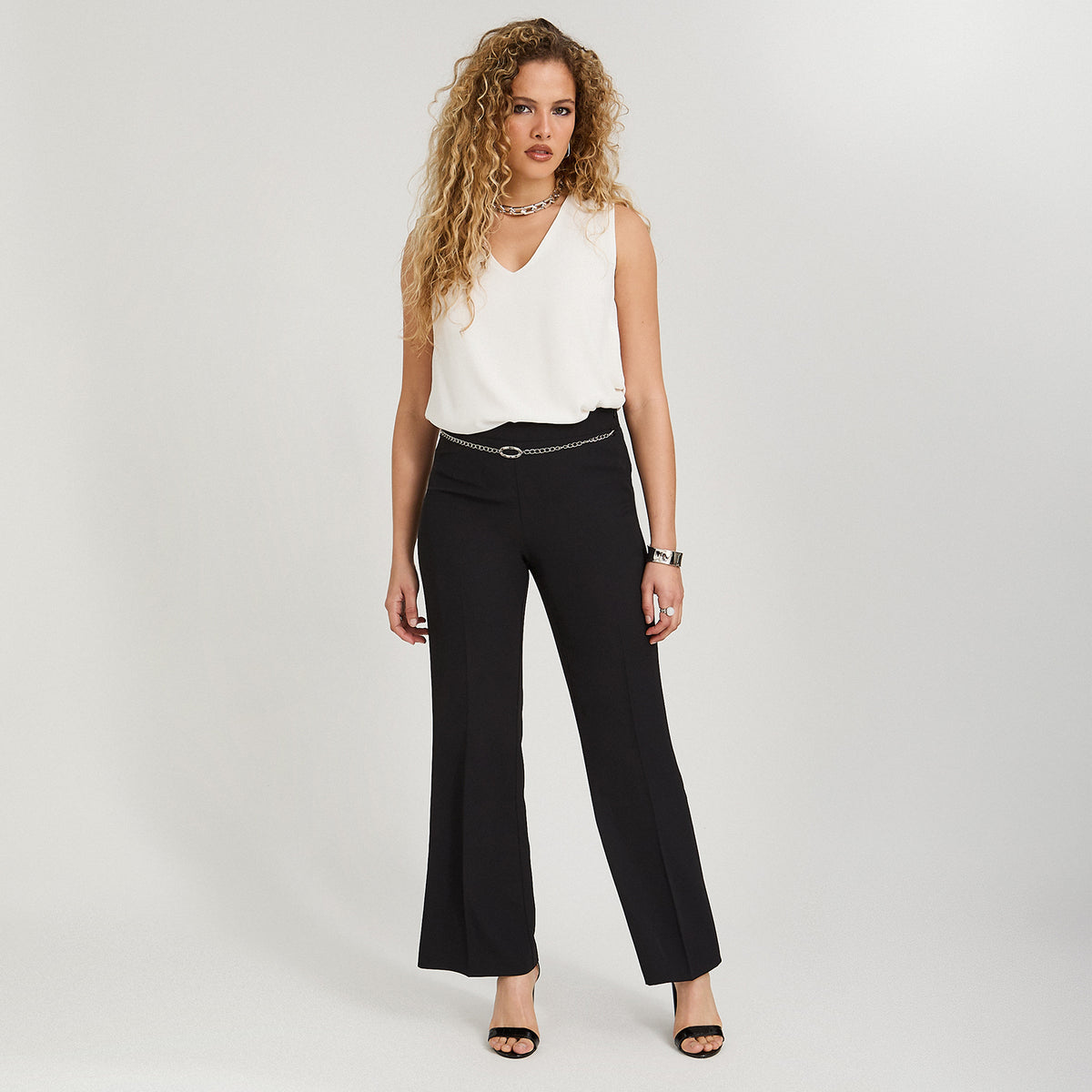 Pantalón Formal Palazzo con Aplicación en Cintura Negro