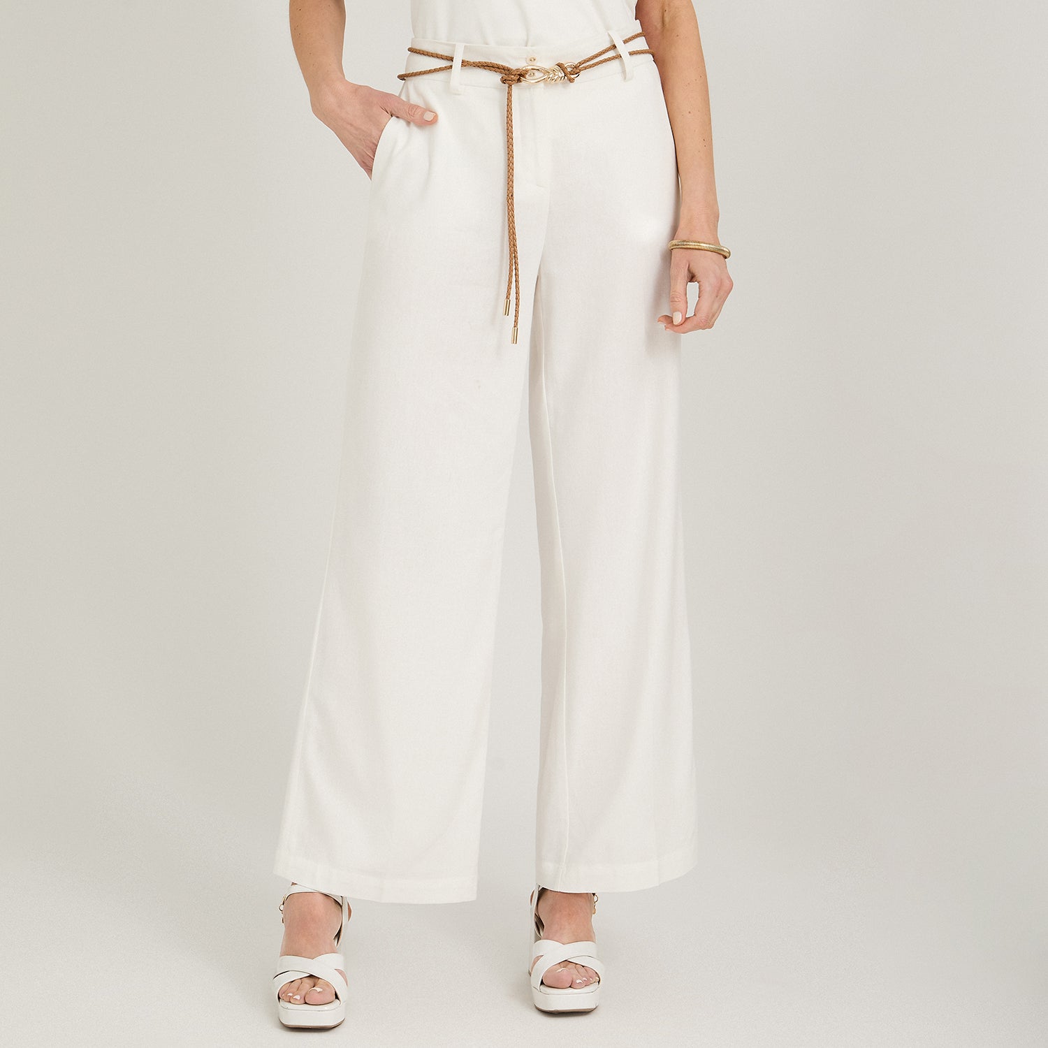 Pantalón Formal Palazzo de Lino 2 Botones con Cinturón Crudo