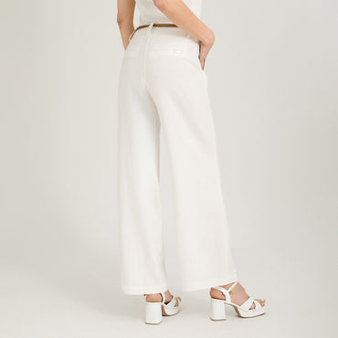 Pantalón Formal Palazzo de Lino 2 Botones con Cinturón Crudo