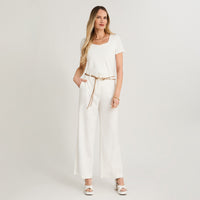 Pantalón Formal Palazzo de Lino 2 Botones con Cinturón Crudo
