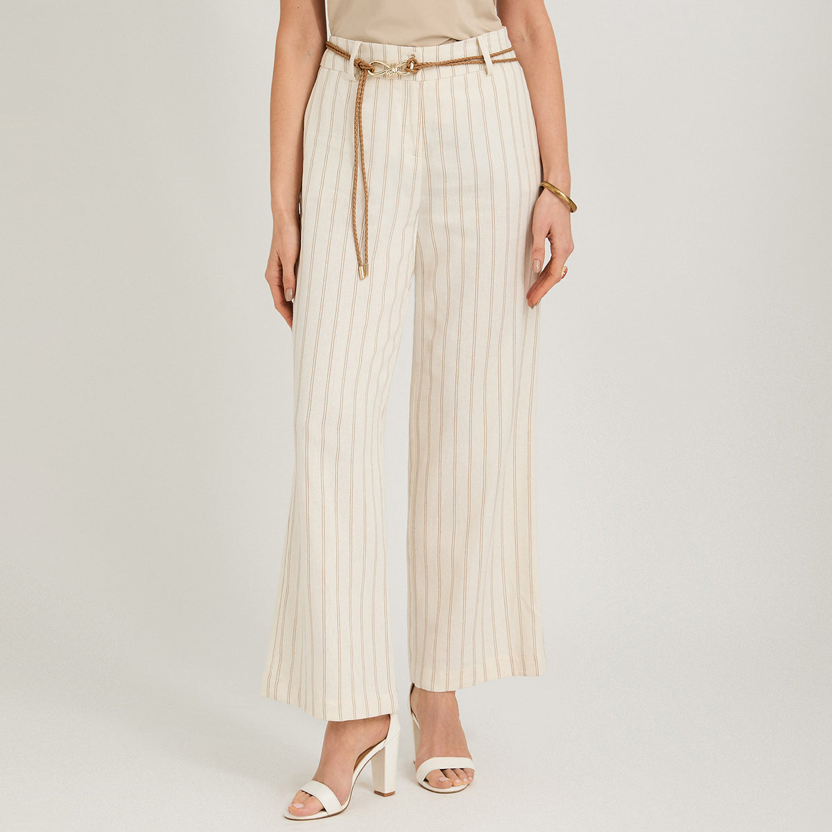 Pantalón Formal Palazzo de Lino 2 Botones con Cinturón Beige