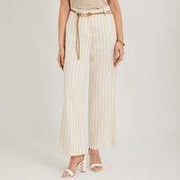 Pantalón Formal Palazzo de Lino 2 Botones con Cinturón Beige