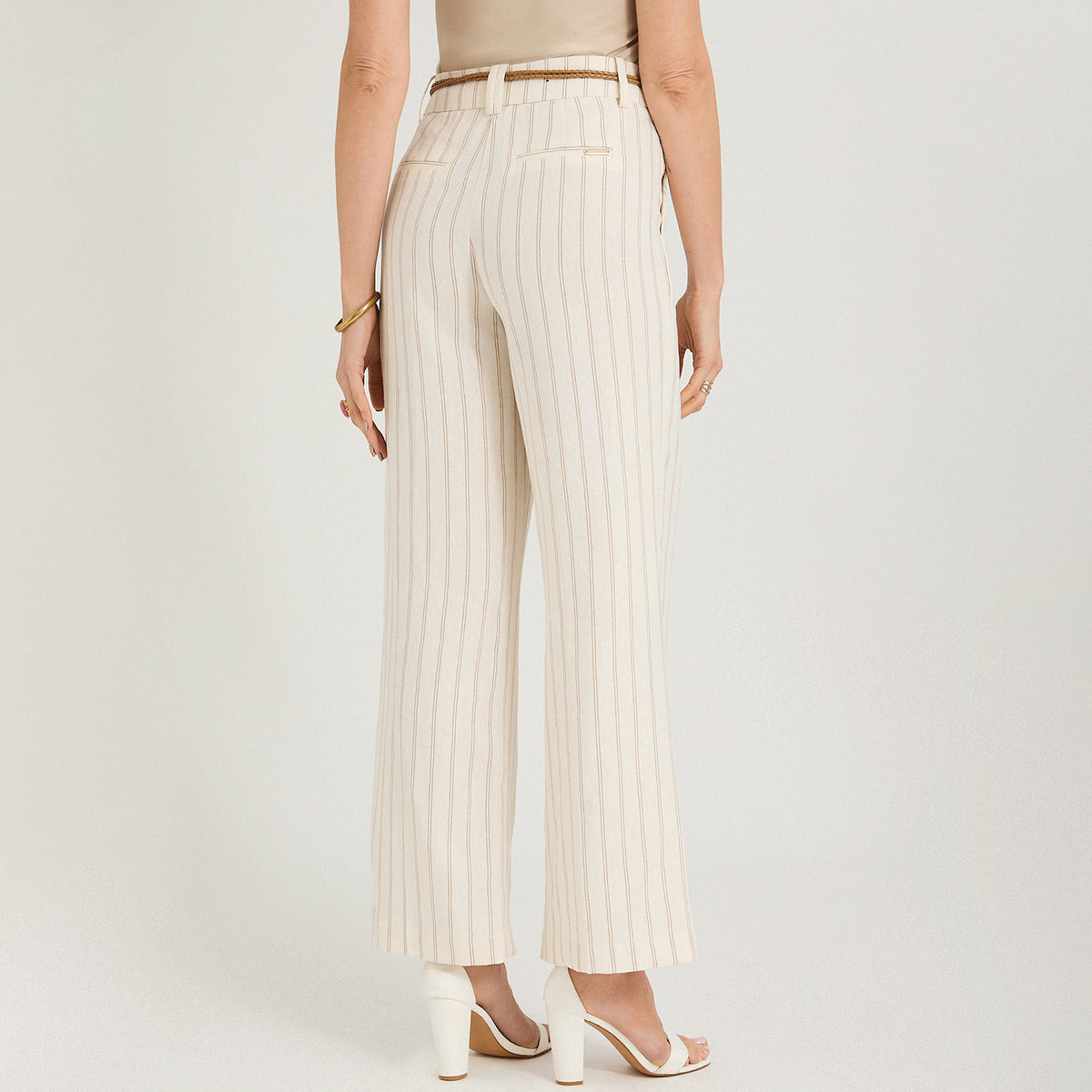 Pantalón Formal Palazzo de Lino 2 Botones con Cinturón Beige
