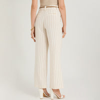 Pantalón Formal Palazzo de Lino 2 Botones con Cinturón Beige