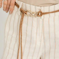 Pantalón Formal Palazzo de Lino 2 Botones con Cinturón Beige