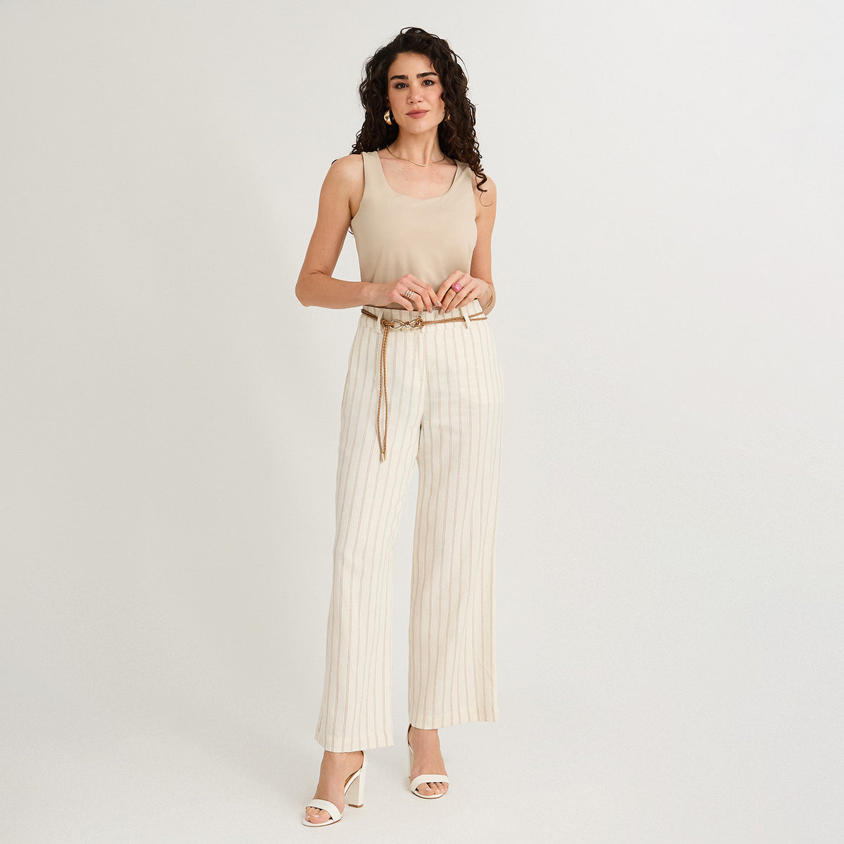 Pantalón Formal Palazzo de Lino 2 Botones con Cinturón Beige