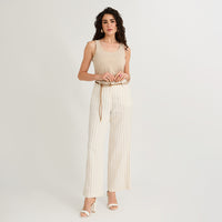 Pantalón Formal Palazzo de Lino 2 Botones con Cinturón Beige