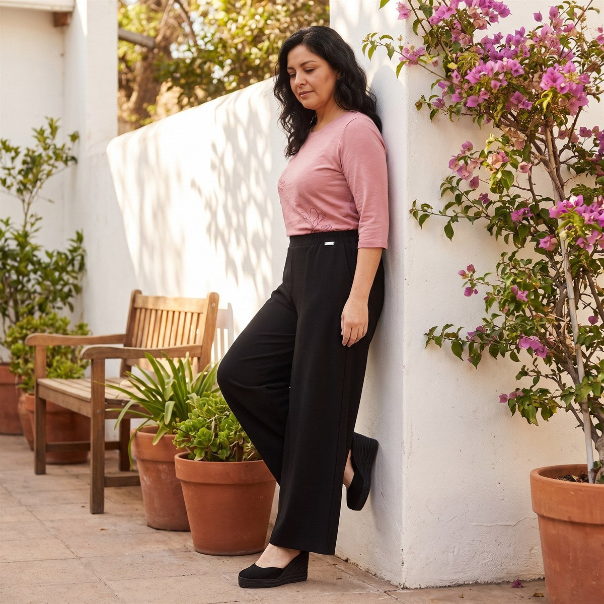 Pantalón Sport Palazzo Pretina Elasticada Negro lifestyle