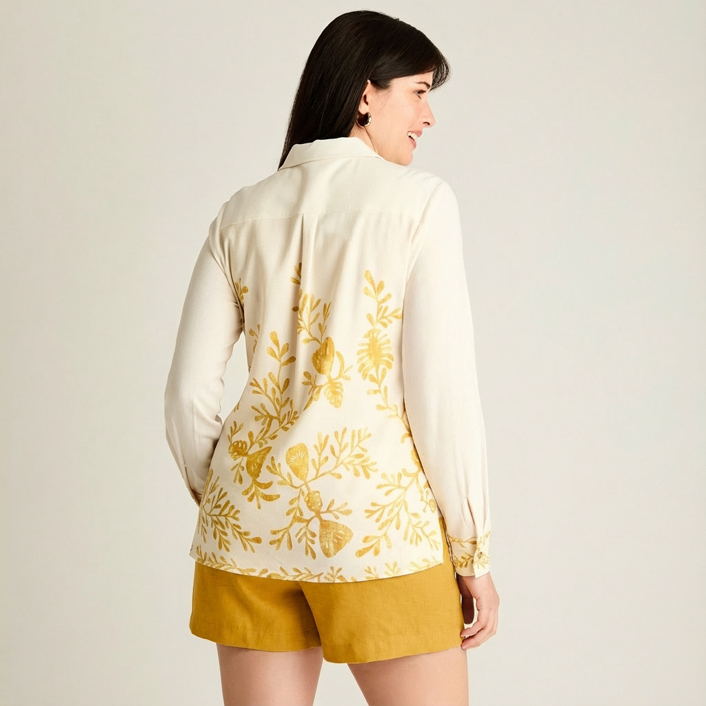 Blusa Lino Manga Larga con Estampado y Cuello Camisero