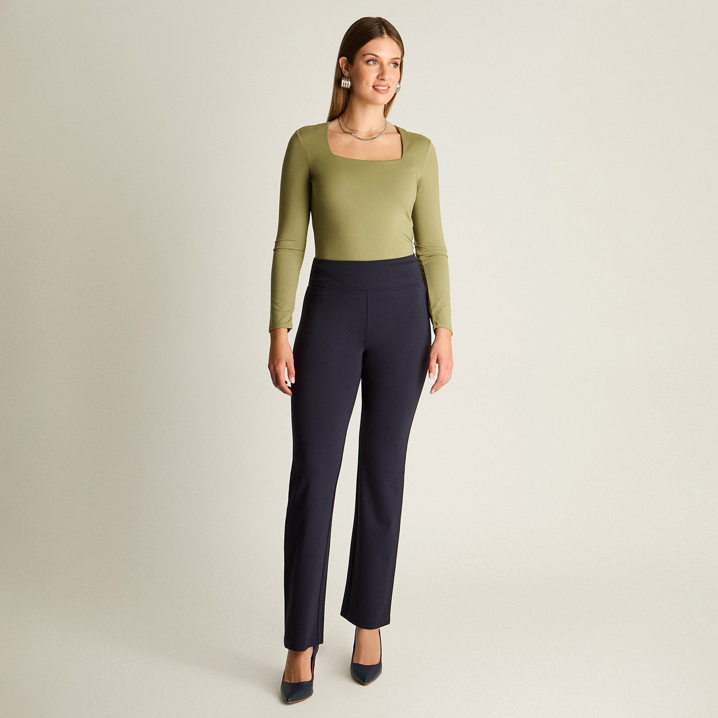 Calza Azul Elasticidad Media Sin Forro Calce Normal Tela Punto