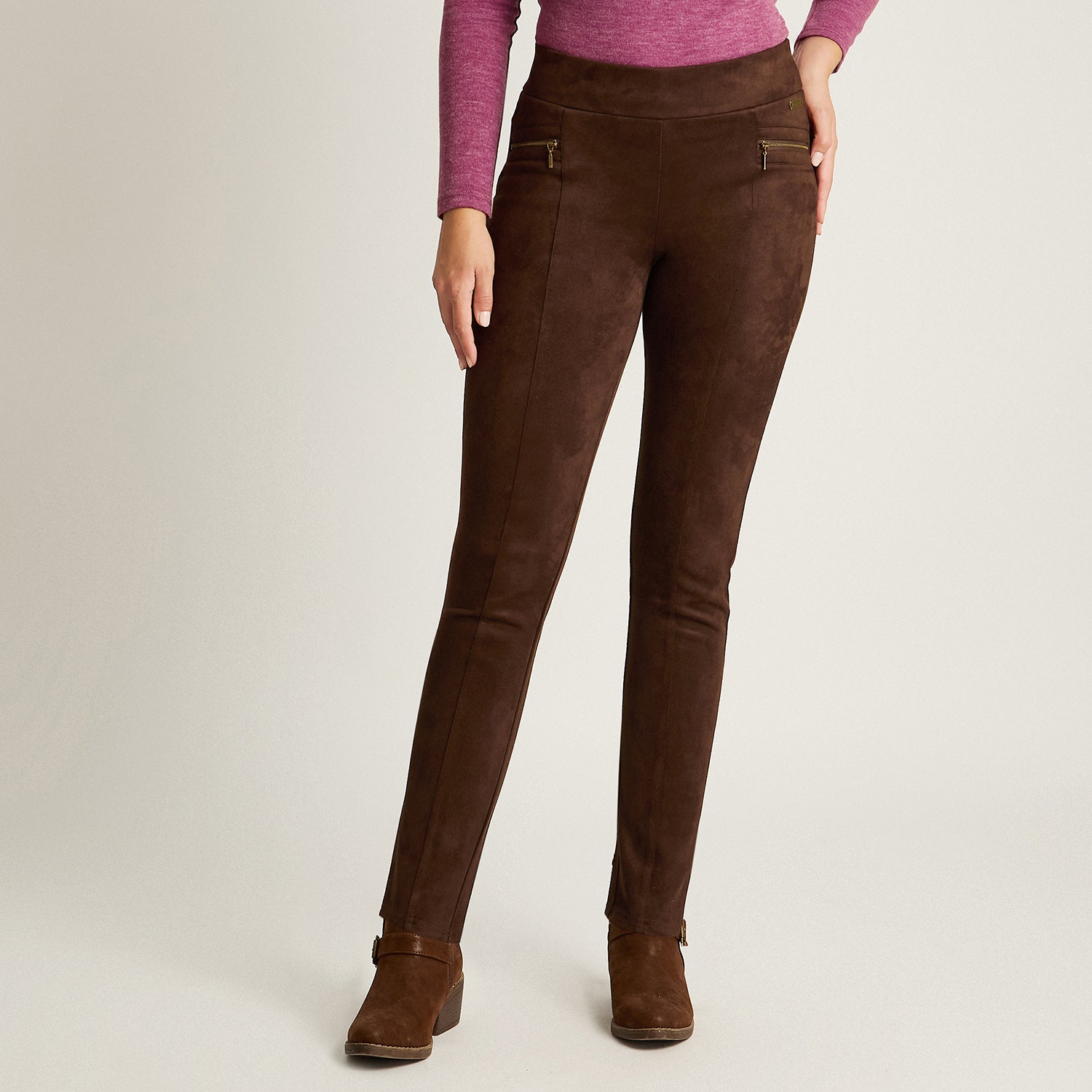 Calza Cafe Elasticidad Media Sin Forro Calce Ajustado Tela Punto