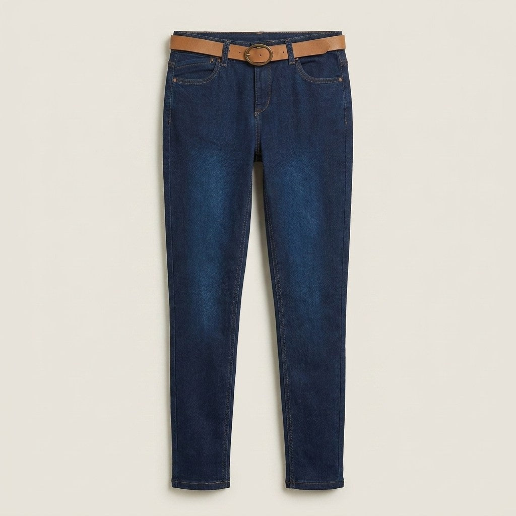 Skinny Jeans Azul Oscuro Con Cinturón en plano