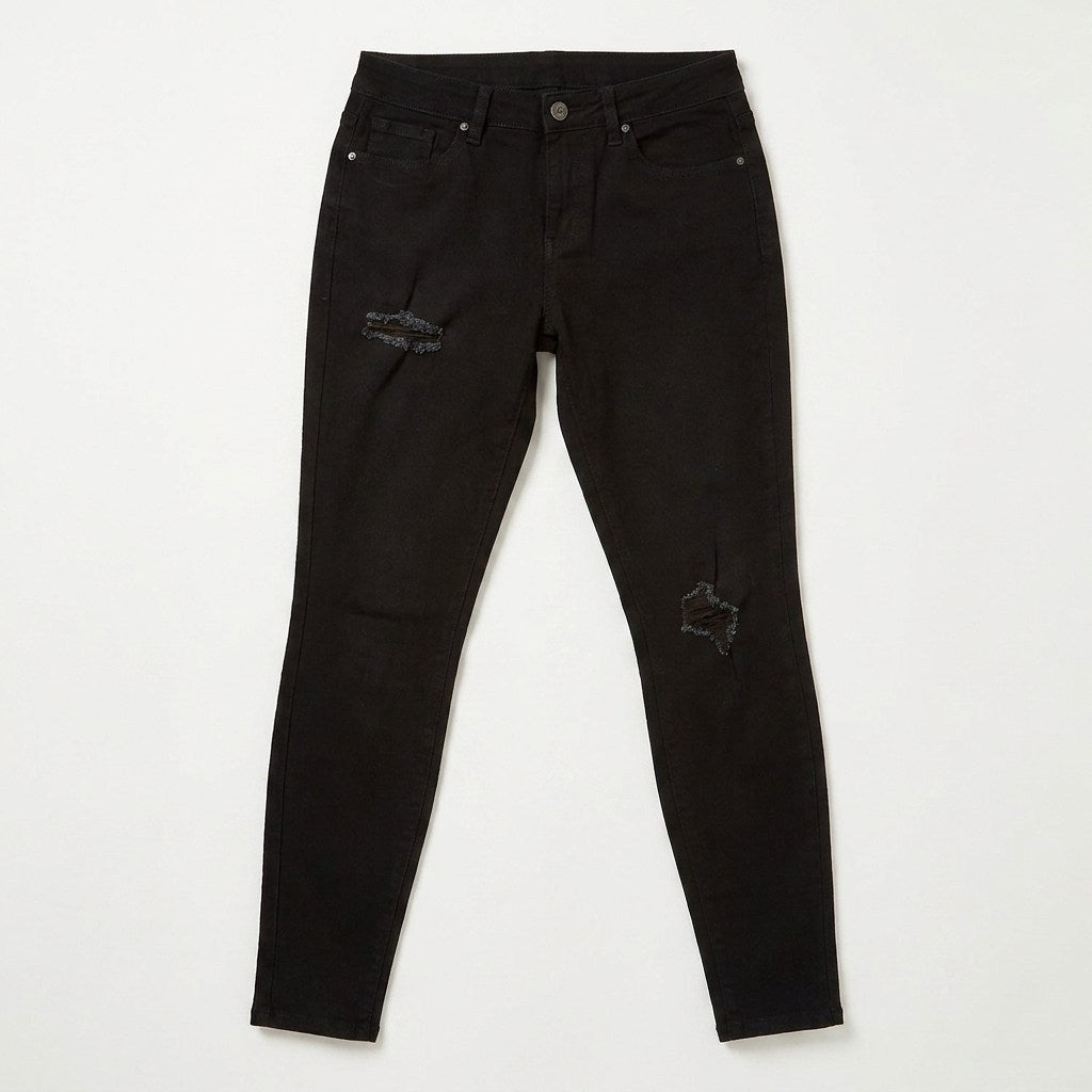 Jeans Skinny Negro 5 Bolsillos Con Roturas en plano