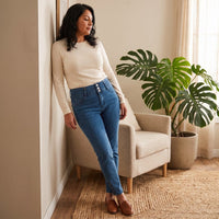 Jeans Pitillo Con Pretina Ancha y Cierre En Bota lifestyle