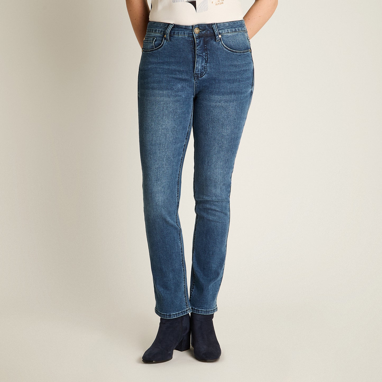 Jeans Recto 5 Bolsillos Tiro Alto Azul