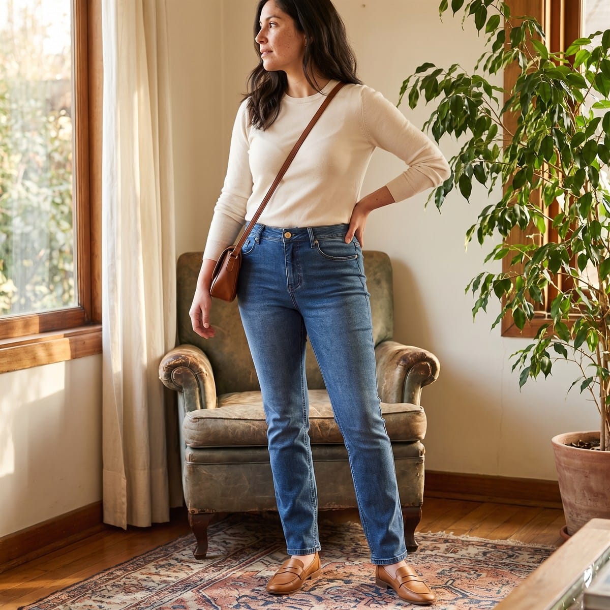 Jeans Recto 5 Bolsillos Tiro Alto Azul lifestyle