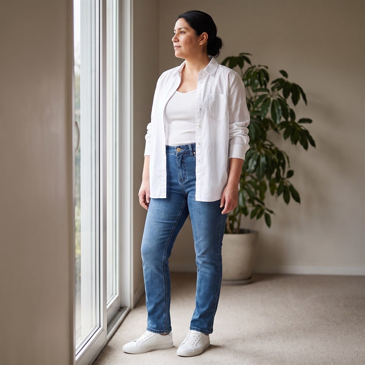 Jeans Recto 5 Bolsillos Tiro Alto Azul lifestyle