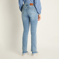 Jeans Recto 5 Bolsillos Tiro Alto Celeste