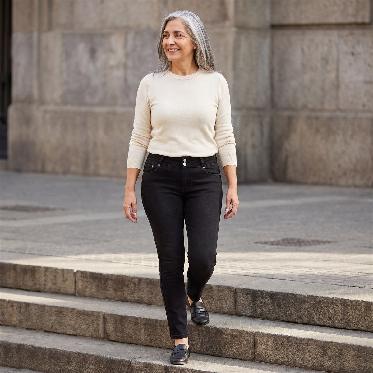 Jeans Slim 5 Bolsillos Pretina Dos Botones Push Up Negro lifestyle