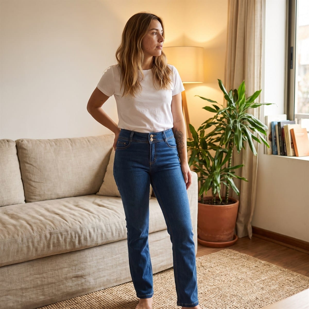 Jeans Recto Azul Medio Push Up de Cinco Bolsillos lifestyle