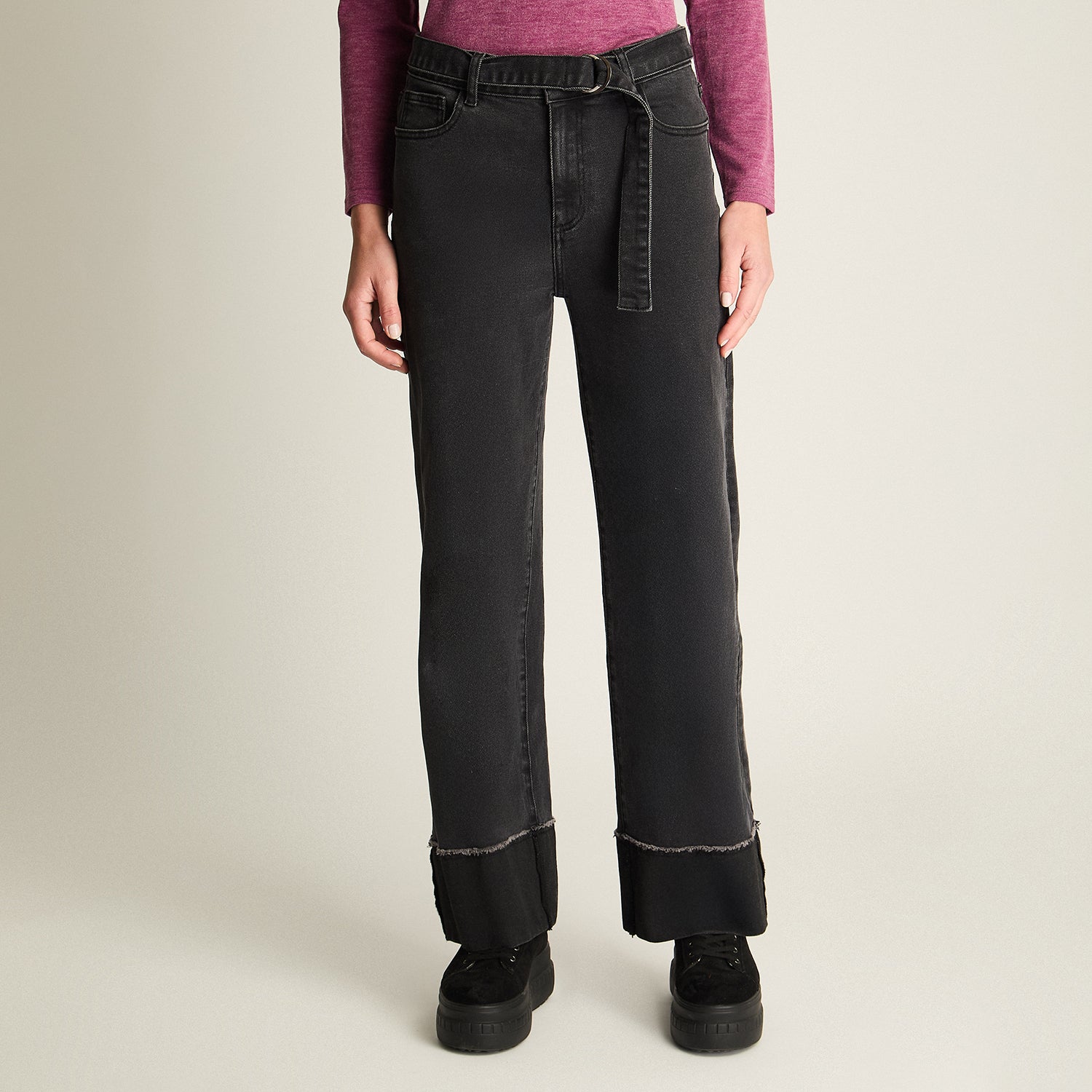 Pantalón Wide Leg Con Cinturón Gris Oscuro