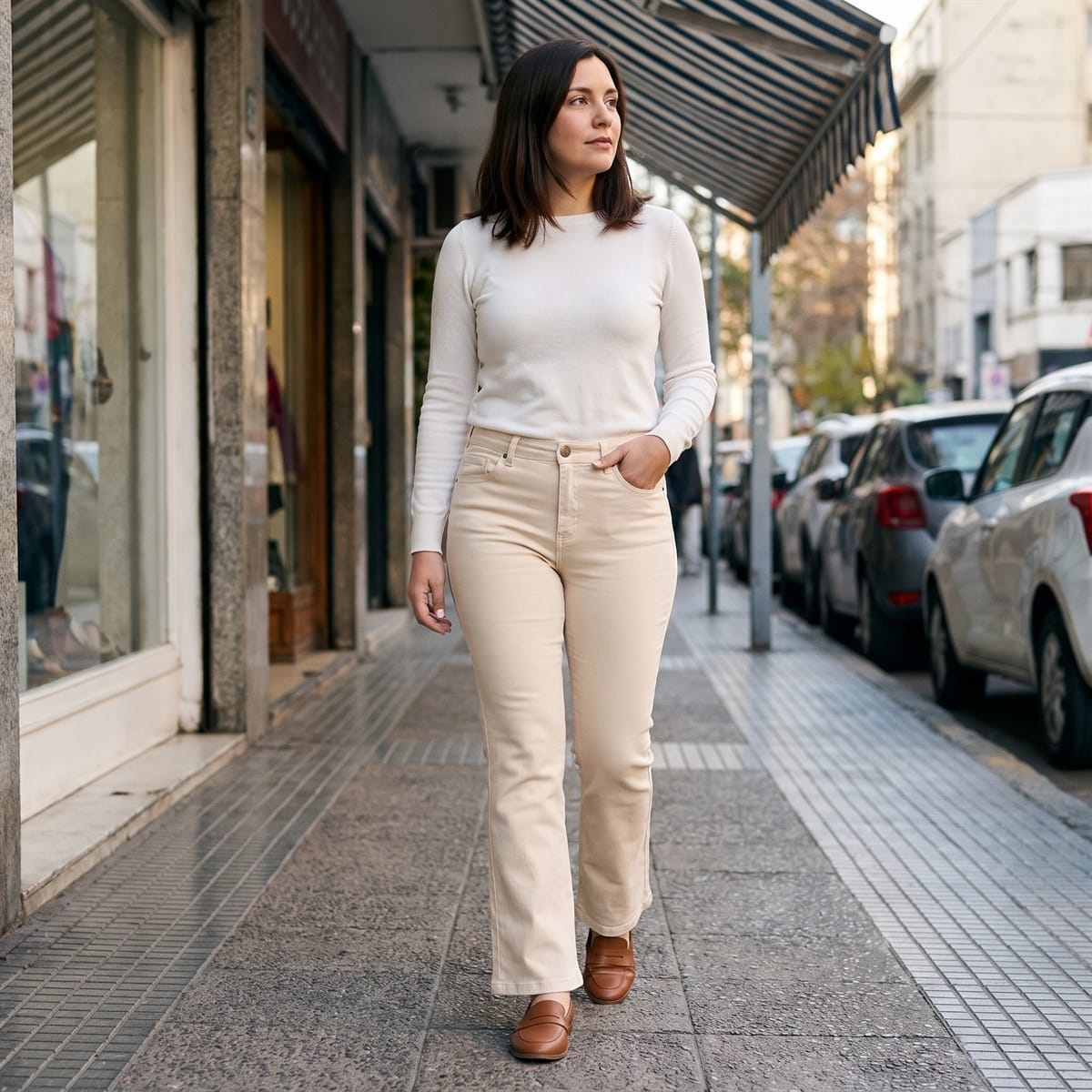 Jeans Beige Flare Elasticidad Media Calce Ajustado lifestyle