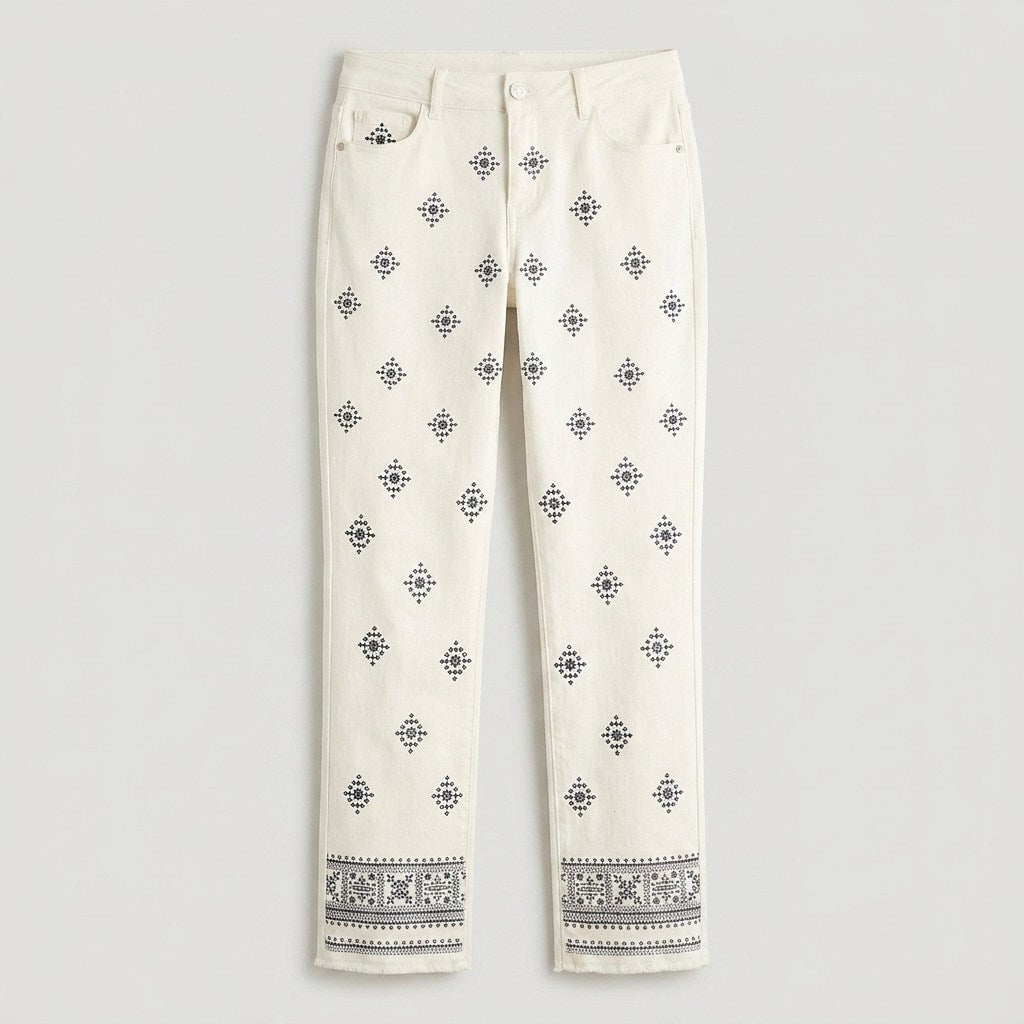 Jeans Blanco Recto con Estampado Boho Calce Normal en plano
