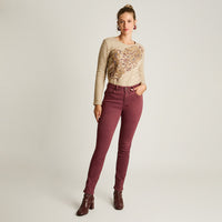 Jeans Burdeo Elasticidad Media Sin Forro Calce Ajustado Tela Denim
