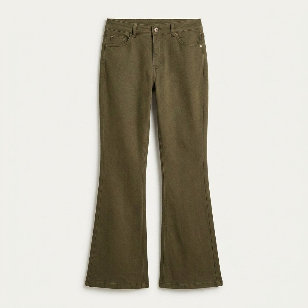 Jeans Verde Flare con Un Botón en plano