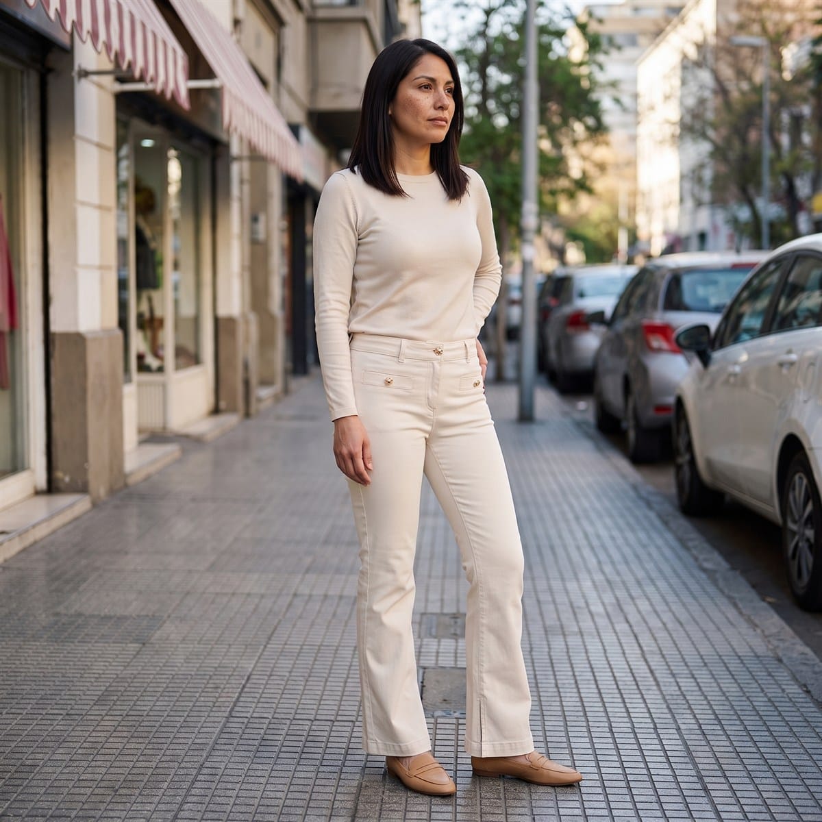 Jeans Flare 3 Botones Crema lifestyle